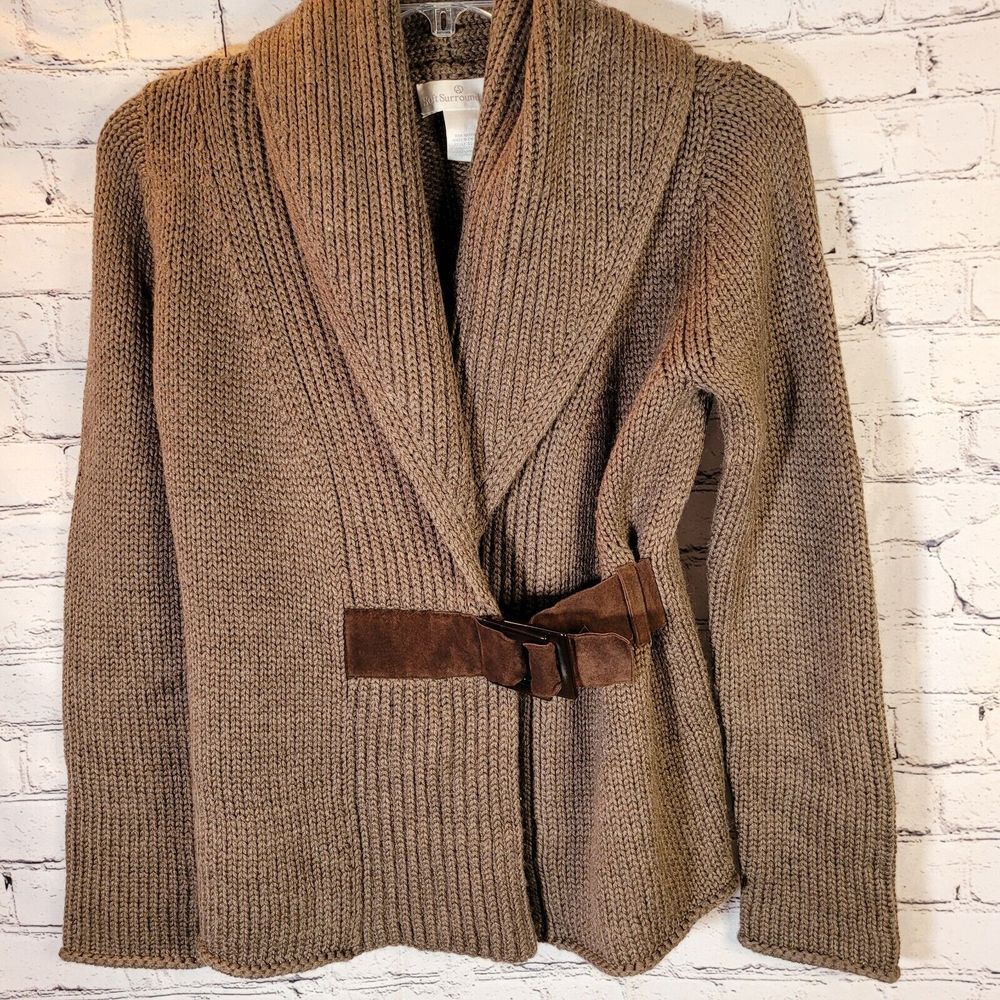 Soft Surroundings Wool Knitted Brown Belted Wrap Style‎ Sweater Equestrian xs